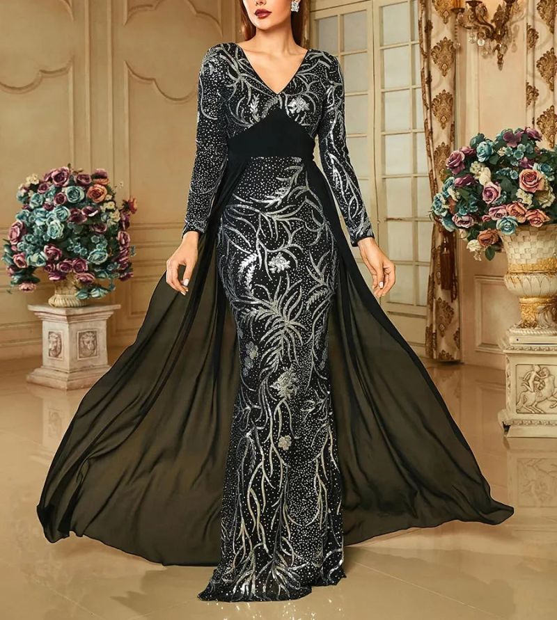 elegant black evening gown with train